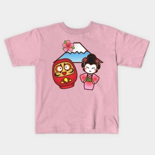 Daruma Geisha and Fuji Kawaii Cute Japanese Design Kids T-Shirt